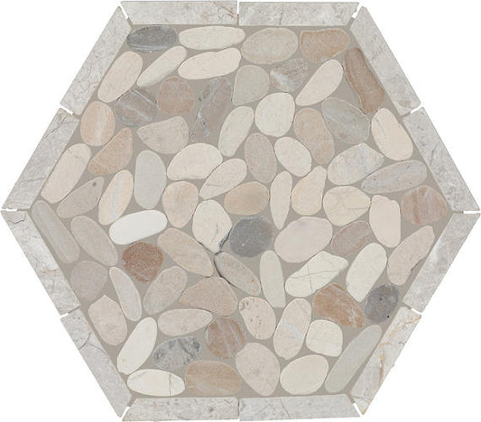 12x10 Pebble Oasis Hexagon Framed  Mosaic Pebble-Look Tumbled Natural Pebble Tile Pebble Beige