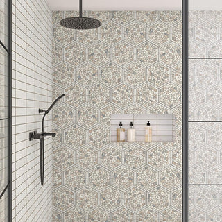 Pebble Beige - 12x10 Pebble Oasis Hexagon Framed Mosaic Pebble-Look Tumbled Natural Pebble Tile