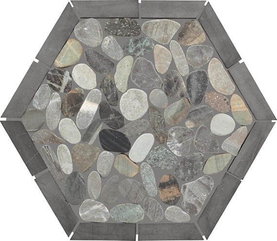 12x10 Pebble Oasis Hexagon Framed  Mosaic Pebble-Look Tumbled Natural Pebble Tile Coastal Gray