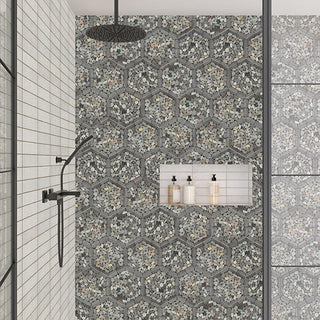 Coastal Gray - 12x10 Pebble Oasis Hexagon Framed Mosaic Pebble-Look Tumbled Natural Pebble Tile