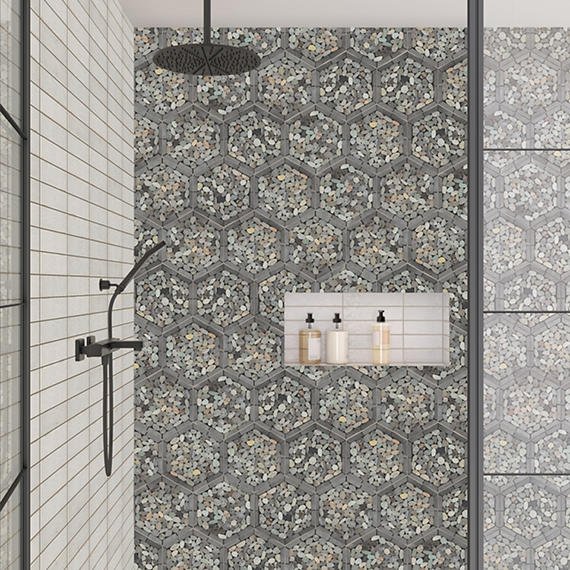 12x10 Pebble Oasis Hexagon Framed  Mosaic Pebble-Look Tumbled Natural Pebble Tile Coastal Gray