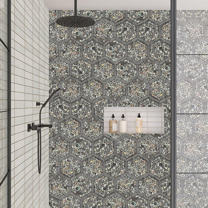 12x10 Pebble Oasis Hexagon Framed  Mosaic Pebble-Look Tumbled Natural Pebble Tile Coastal Gray