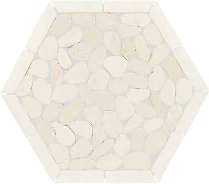 12x10 Pebble Oasis Hexagon Framed  Mosaic Pebble-Look Tumbled Natural Pebble Tile Pebble White