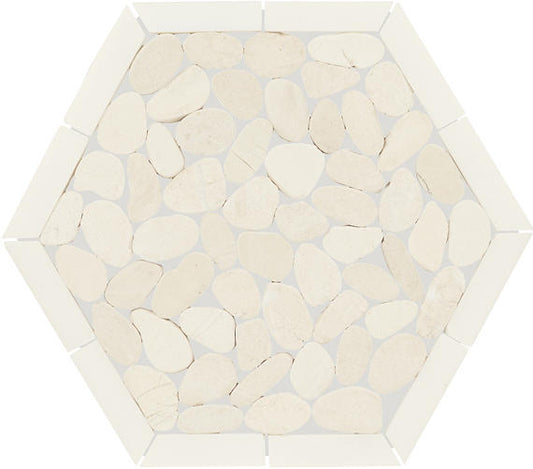 12x10 Pebble Oasis Hexagon Framed  Mosaic Pebble-Look Tumbled Natural Pebble Tile Pebble White