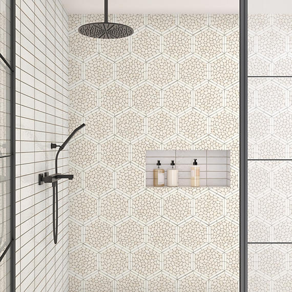 12x10 Pebble Oasis Hexagon Framed  Mosaic Pebble-Look Tumbled Natural Pebble Tile Pebble White