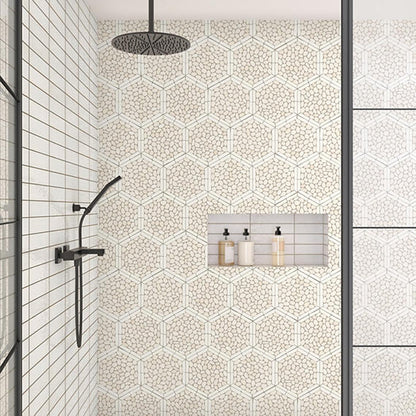 12x10 Pebble Oasis Hexagon Framed  Mosaic Pebble-Look Tumbled Natural Pebble Tile Pebble White
