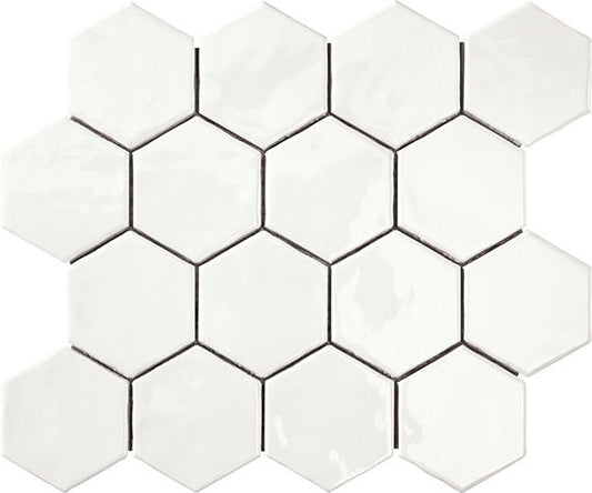 3x3 Artistic Reflections Hexagon  Mosaic Solid-Color Glossy Smooth Ceramic Tile Arctic White