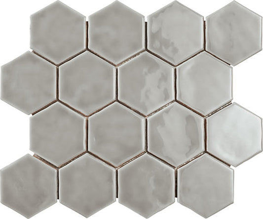 3x3 Artistic Reflections Hexagon  Mosaic Solid-Color Glossy Smooth Ceramic Tile Rain Gray