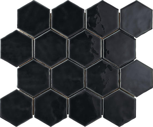 3x3 Artistic Reflections Hexagon  Mosaic Solid-Color Glossy Smooth Ceramic Tile Onyx Black