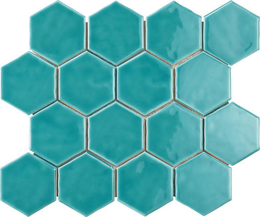 3x3 Artistic Reflections Hexagon  Mosaic Solid-Color Glossy Smooth Ceramic Tile Wave Teal