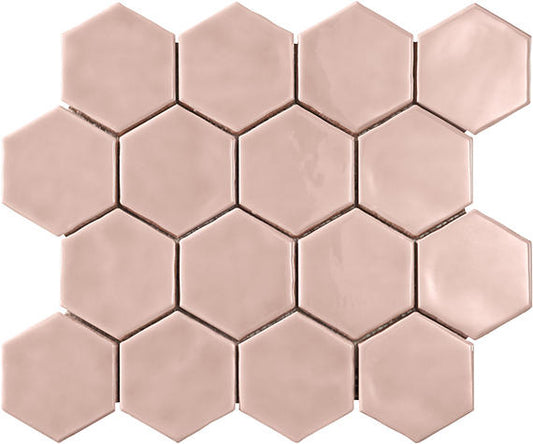 3x3 Artistic Reflections Hexagon  Mosaic Solid-Color Glossy Smooth Ceramic Tile Rose Pink