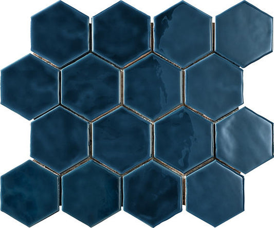 3x3 Artistic Reflections Hexagon  Mosaic Solid-Color Glossy Smooth Ceramic Tile Twilight Blue