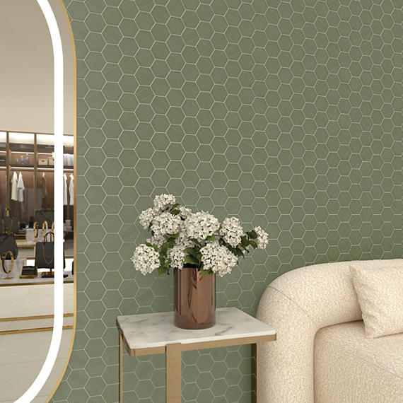 4 Rhyme And Reason Hexagon  Natural Solid-Color Matte Rippled Ceramic Tile Muted Green