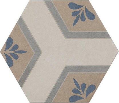 8x9 Scrapbook Hexagon Encaustic  Natural Concrete-Look Matte Smooth Porcelain Tile Beige Blue