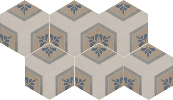 8x9 Scrapbook Hexagon Encaustic  Natural Concrete-Look Matte Smooth Porcelain Tile Beige Blue