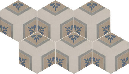 8x9 Scrapbook Hexagon Encaustic  Natural Concrete-Look Matte Smooth Porcelain Tile Beige Blue