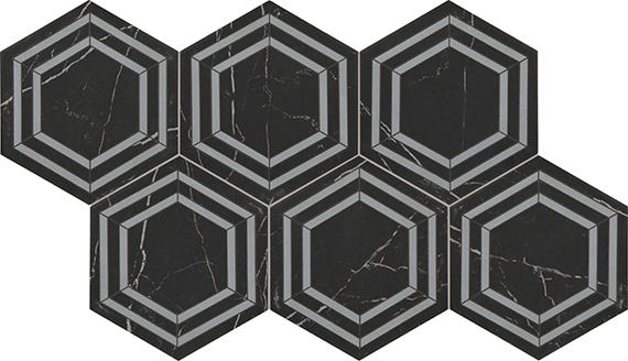 8x9 Perpetuo Hexagon  Natural Marble-Look Matte Smooth Porcelain Tile Black Marble