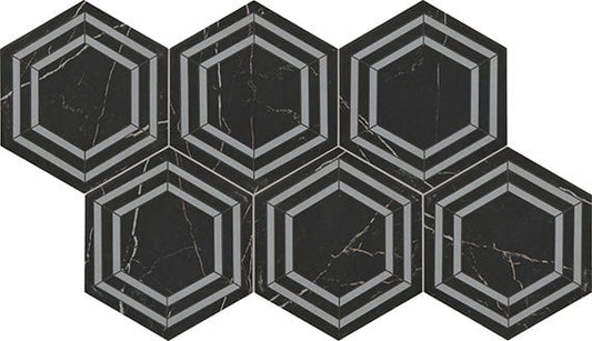 8x9 Perpetuo Hexagon  Natural Marble-Look Matte Smooth Porcelain Tile Black Marble