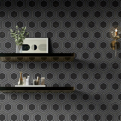 8x9 Perpetuo Hexagon  Natural Marble-Look Matte Smooth Porcelain Tile Black Marble