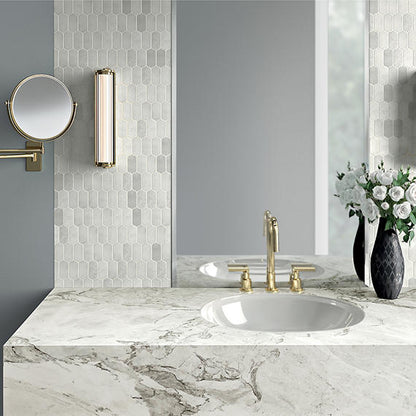 4x6 Marble Arabesque Light Veining Mosaic Marble-Look Polished Smooth Marble Tile Pearl White
