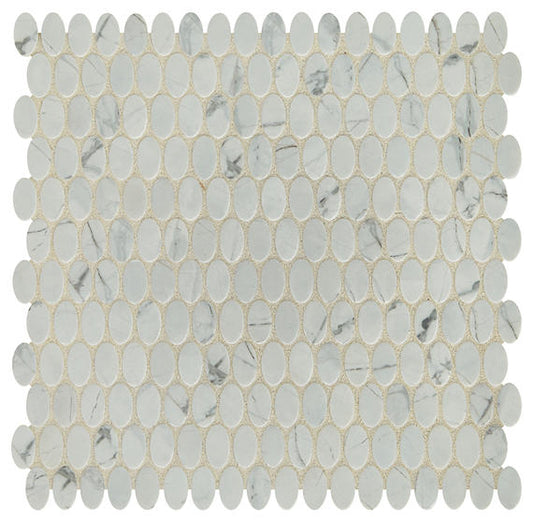 Soft White - 12x12 Statuette Oval Mosaic Marble-Look Matte Smooth Glass Tile