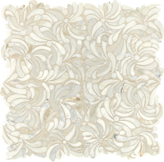 12x11 Lavaliere Petal Floral Scroll Vine Mosaic Mixed-Color Honed Natural Marble Tile