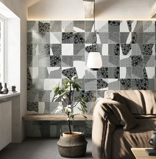 Black White - 8x8 Kintsugi Patchwork Patterned Mixed-Color Glossy Smooth Porcelain Tile
