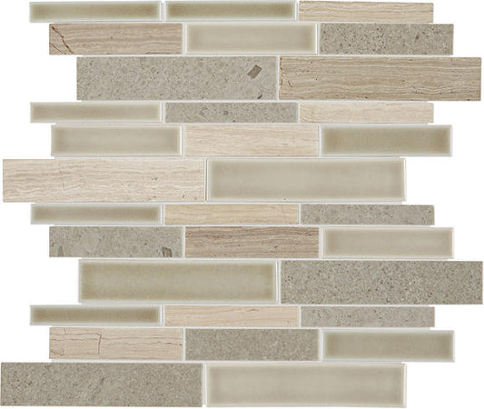12x11 Raine Random Pattern Linear Mosaic Mixed-Color Polished Smooth Marble Tile Beige Taupe