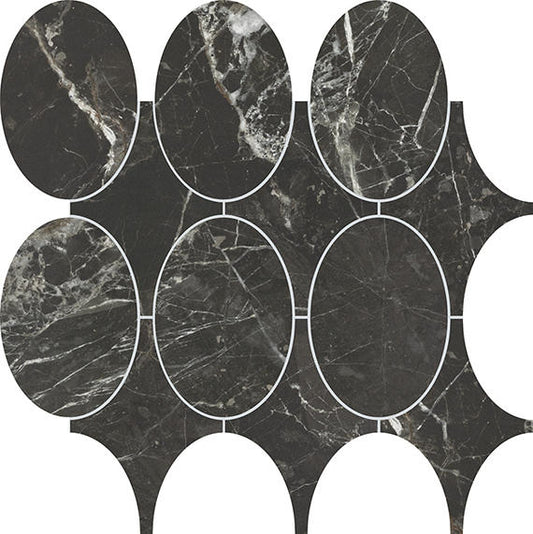 14x14 Savoir Circle Medium Veining  Mosaic Marble-Look Polished Smooth Porcelain Tile Marble Black