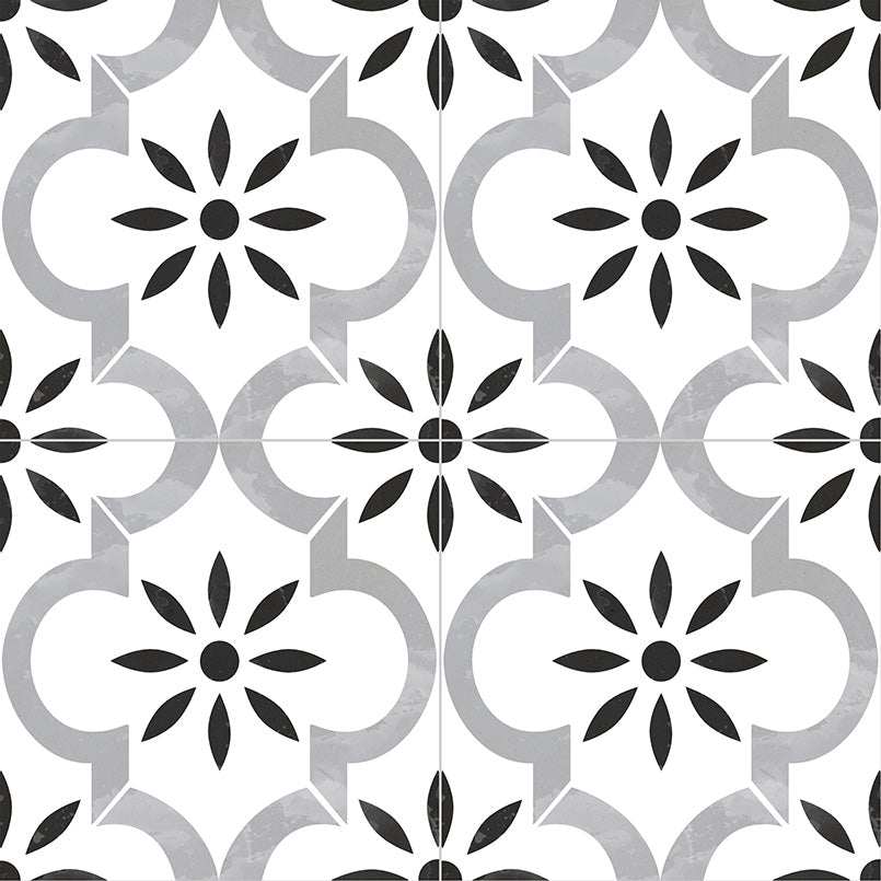 8x8 Kenzzi Moroccan Encaustic-Look Matte Smooth Porcelain Tile Charcoal White