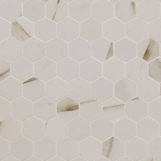 2x2 Pietra Calacatta Hexagon Mosaic Marble-Look Matte Smooth Porcelain Tile