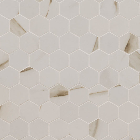 2x2 Pietra Calacatta Hexagon Mosaic Marble-Look Matte Smooth Porcelain Tile Soft Ivory