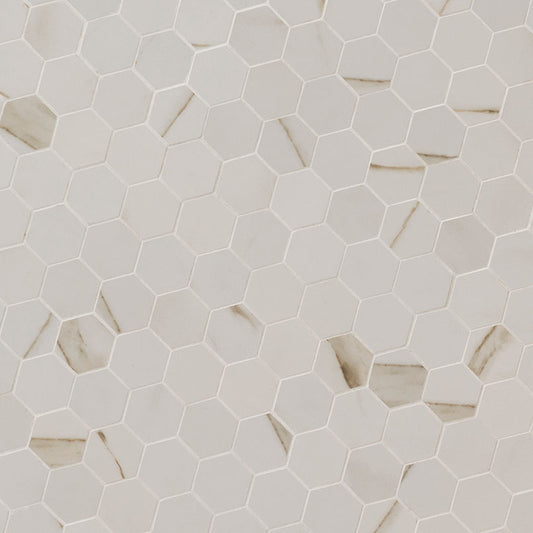 2x2 Pietra Calacatta Hexagon Mosaic Marble-Look Matte Smooth Porcelain Tile