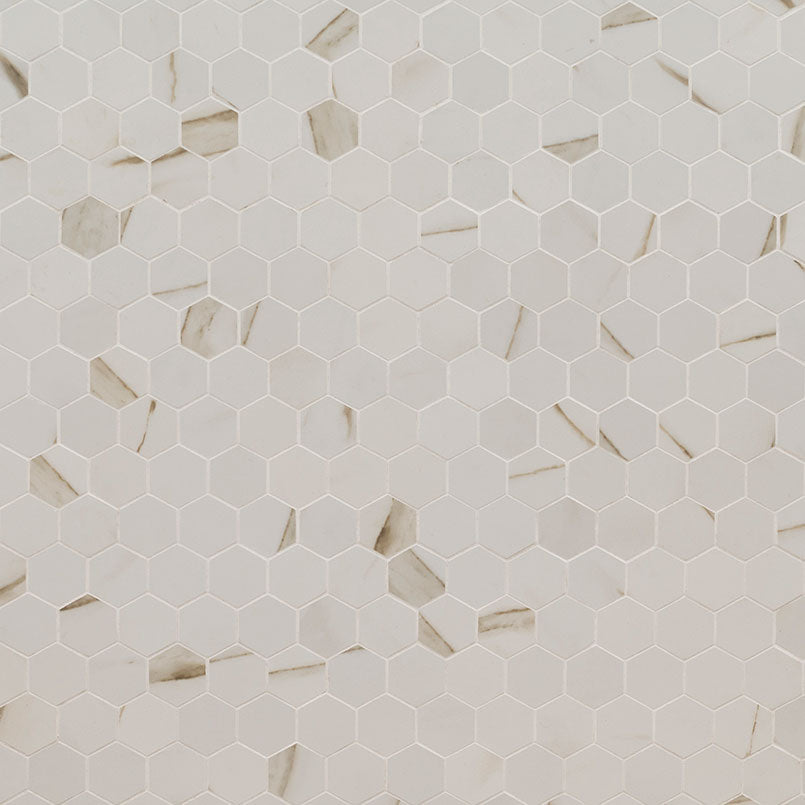2x2 Pietra Calacatta Hexagon Mosaic Marble-Look Matte Smooth Porcelain Tile Soft Ivory