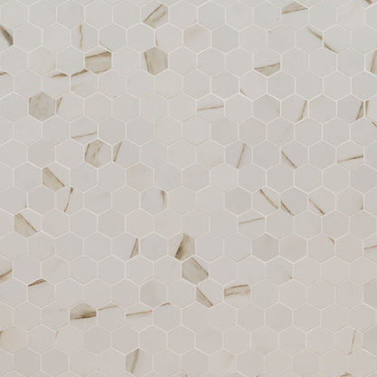 2x2 Pietra Calacatta Hexagon Mosaic Marble-Look Matte Smooth Porcelain Tile Soft Ivory