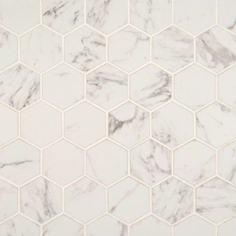 2x2 Pietra Carrara Hexagon Mosaic Marble-Look Matte Smooth Ceramic Tile Soft White