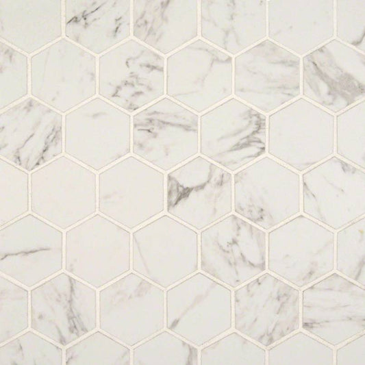 2x2 Pietra Carrara Hexagon Mosaic Marble-Look Matte Smooth Ceramic Tile