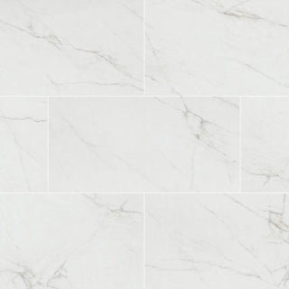 Pure White - 12x24 Dymo Light Veining Patterned Marble-Look Glossy 3D Geometric Faceted Ceramic Tile