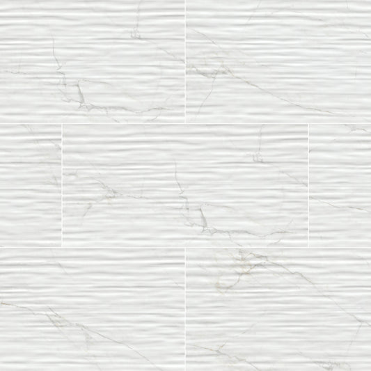 12x24 Dymo Medium Veining Patterned Marble-Look Glossy Rippled Ceramic Tile White Gray