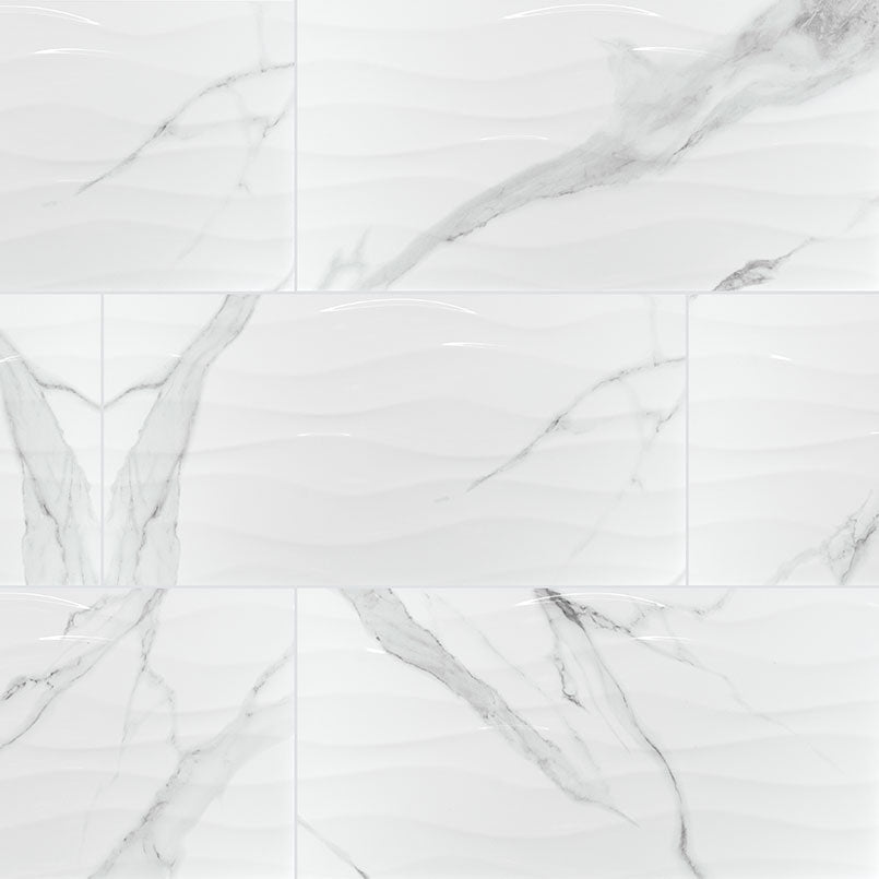 12x24 Dymo Medium Veining Patterned Solid-Color Glossy Wavy Ceramic Tile White