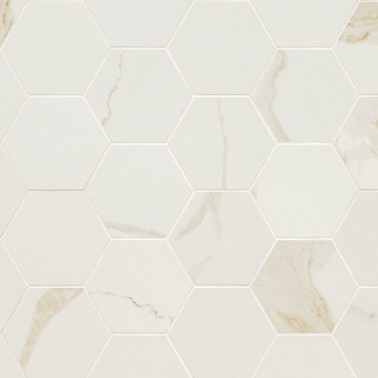 3x3 Eden Hexagon Medium Veining Mosaic Marble-Look Matte Smooth Porcelain Tile Cream Beige