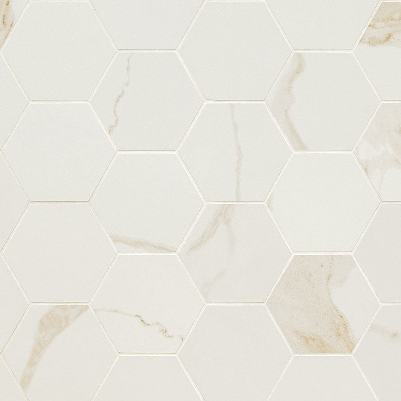 3x3 Eden Hexagon Medium Veining Mosaic Marble-Look Matte Smooth Porcelain Tile Cream Beige