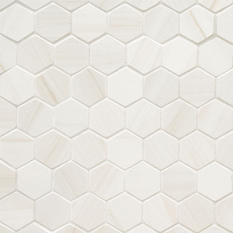 2x2 Eden Hexagon Light Veining Mosaic Marble-Look Matte Smooth Porcelain Tile Soft Ivory