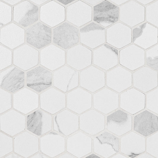 2x2 Eden Hexagon Intense Veining Mosaic Marble-Look Matte Smooth Porcelain Tile White Gray