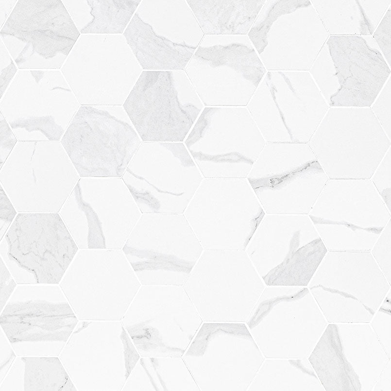 3X3 Eden Hexagon Intense Veining Mosaic Marble-Look Matte Smooth Porcelain Tile White Gray