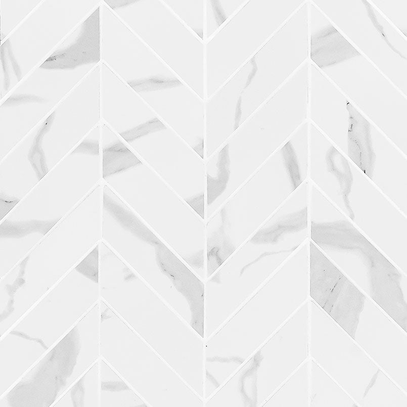 12x15 Eden Chevron Intense Veining Mosaic Marble-Look Matte Smooth Porcelain Tile White Gray