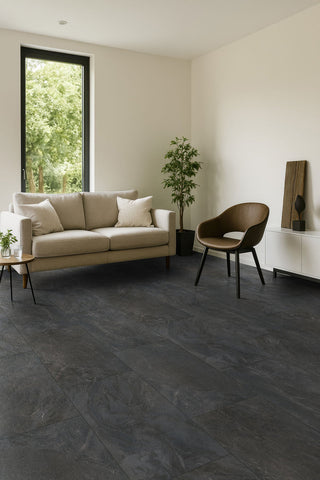 Charcoal Black - 12x24 Elbe Stone-Look Lapato Textured Ceramic Tile