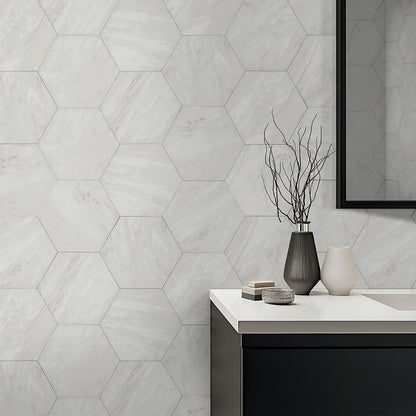 11x13 Geoglam Hexagon Marble-Look Matte Smooth Porcelain Tile White Gray