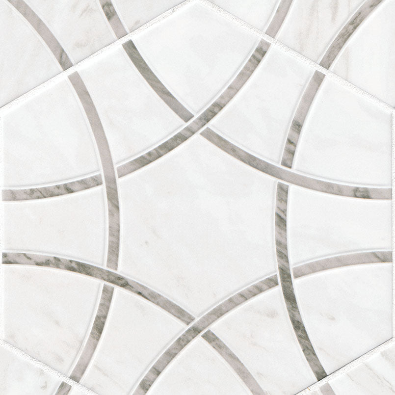 11x13 Geoglam Hexagon Circle Patterned Marble-Look Matte Smooth Porcelain Tile White Gray