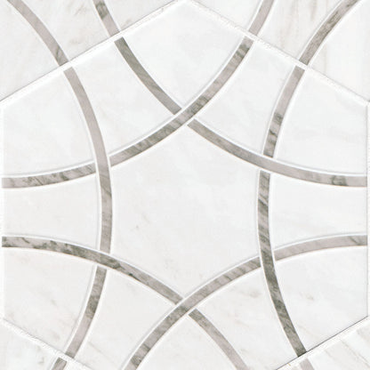 11x13 Geoglam Hexagon Circle Patterned Marble-Look Matte Smooth Porcelain Tile White Gray